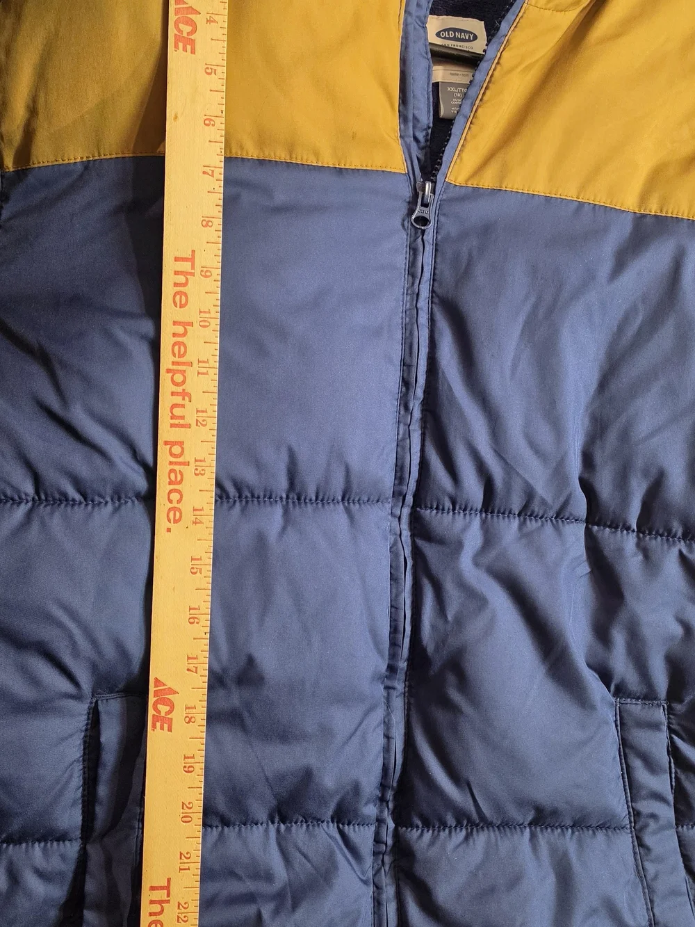 Boy's Two-Tone Hooded Puffer Jacket - Blue & Mustard, Old Navy. Size 18/XXL